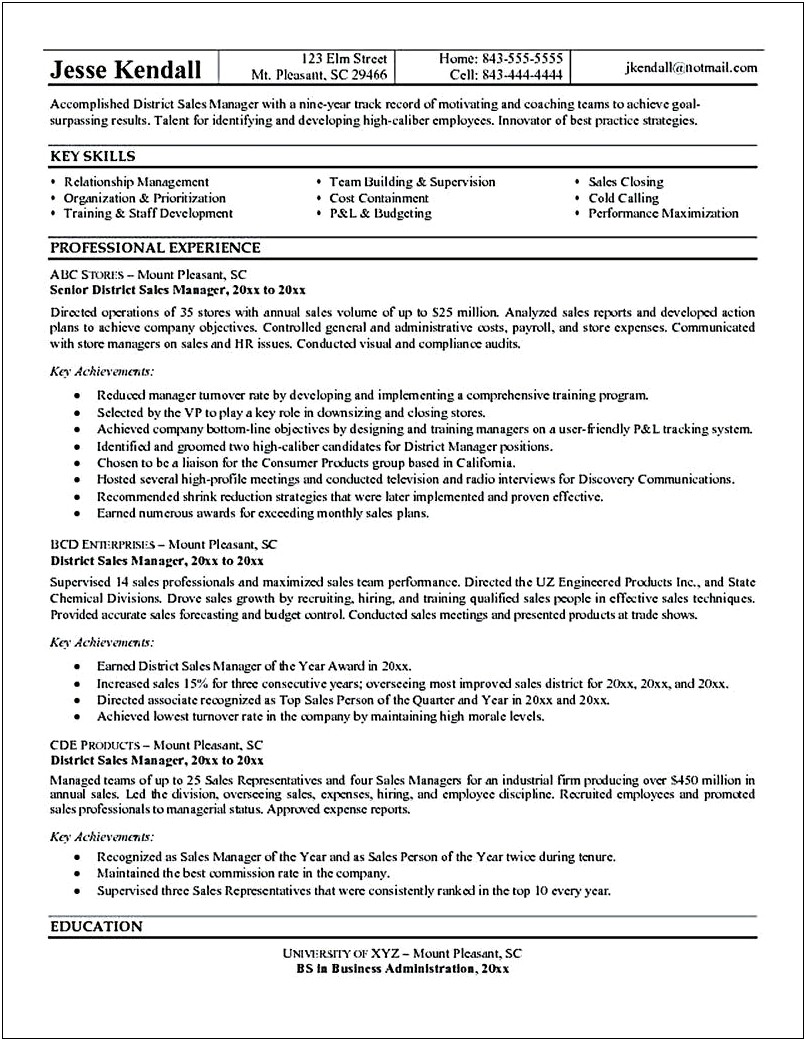 District Sales Manager Resume Objective