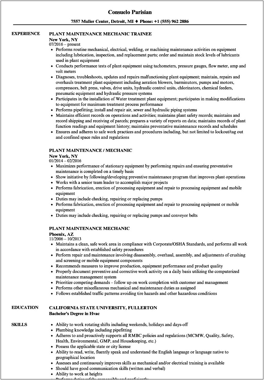 Distrobution Center Maintenance Technician Summary For Resume