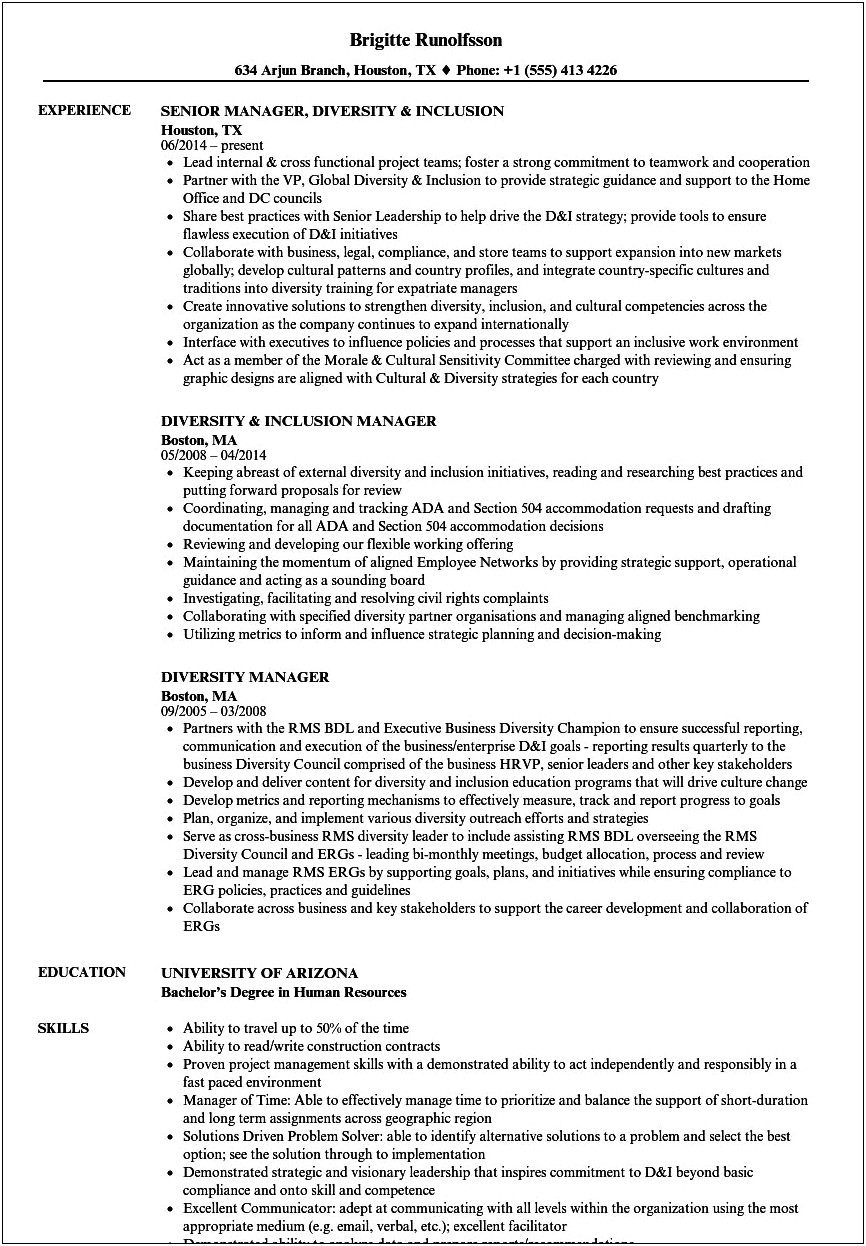 Diversity And Inclusion Leadership Summary On Resume