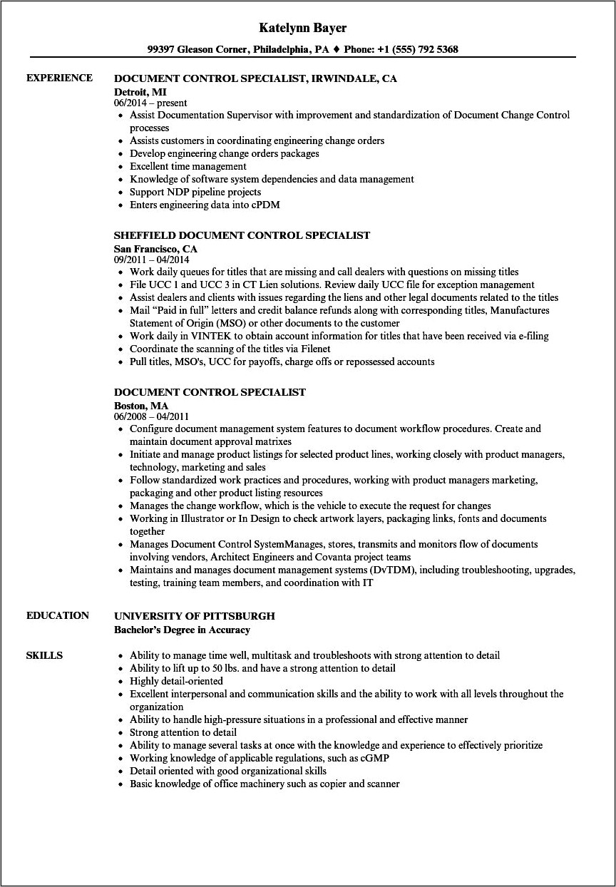 Document Control Specialist Resume Examples