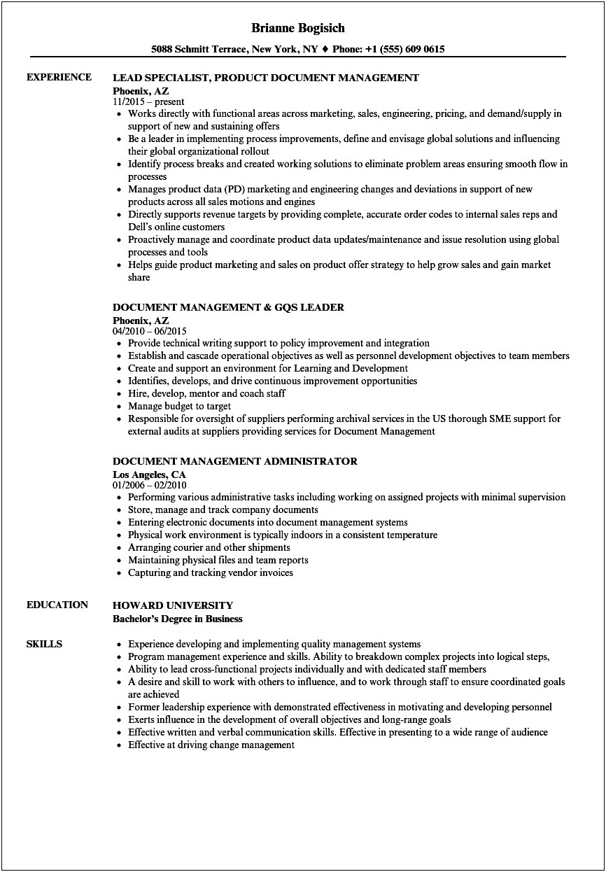 Document Management Specialist Sample Resume