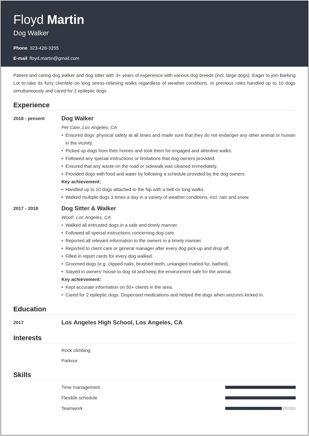 Dog Walker Job Description For Resume