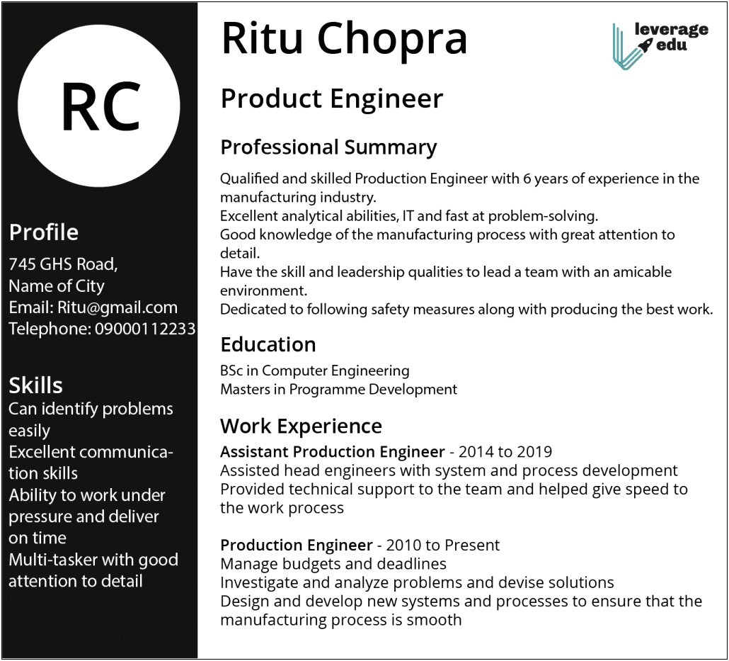 Download Free Resume For Production Engineer