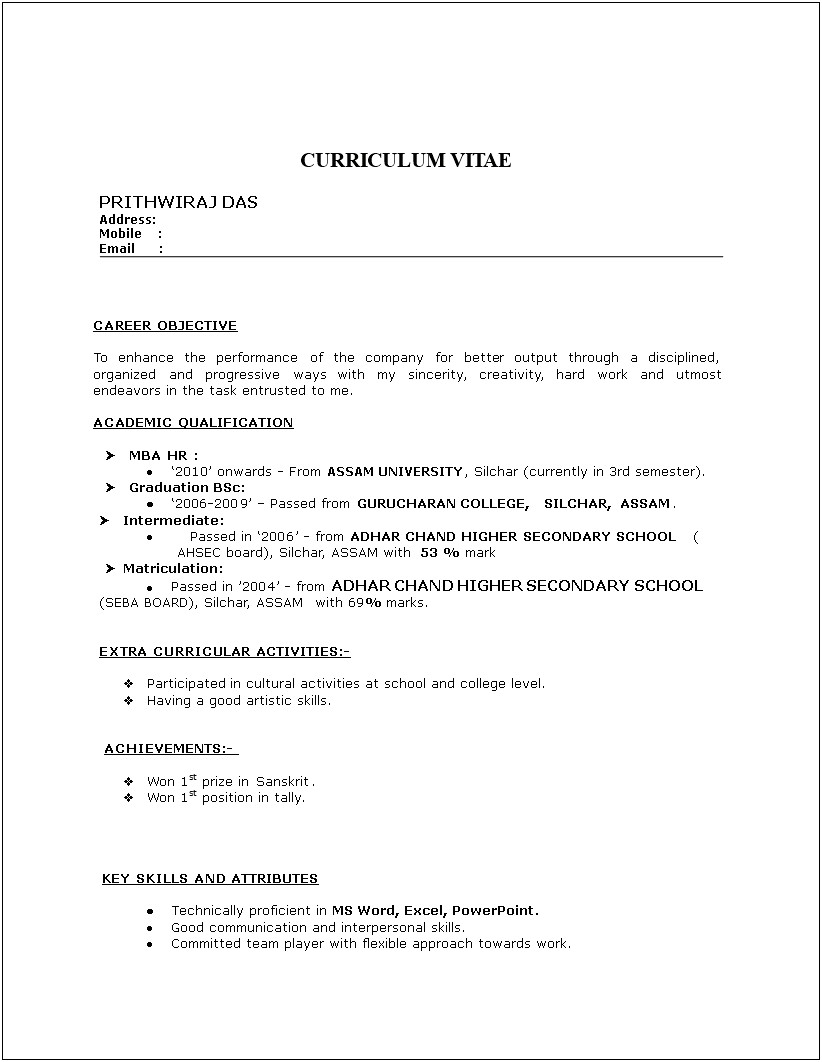 Download Resume Format For Fresher In Word