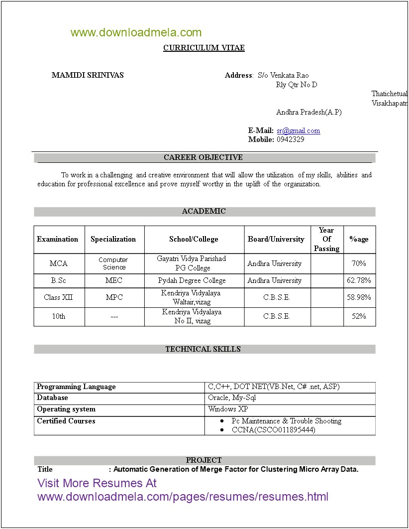 Download Resume Template For Mca Freshers