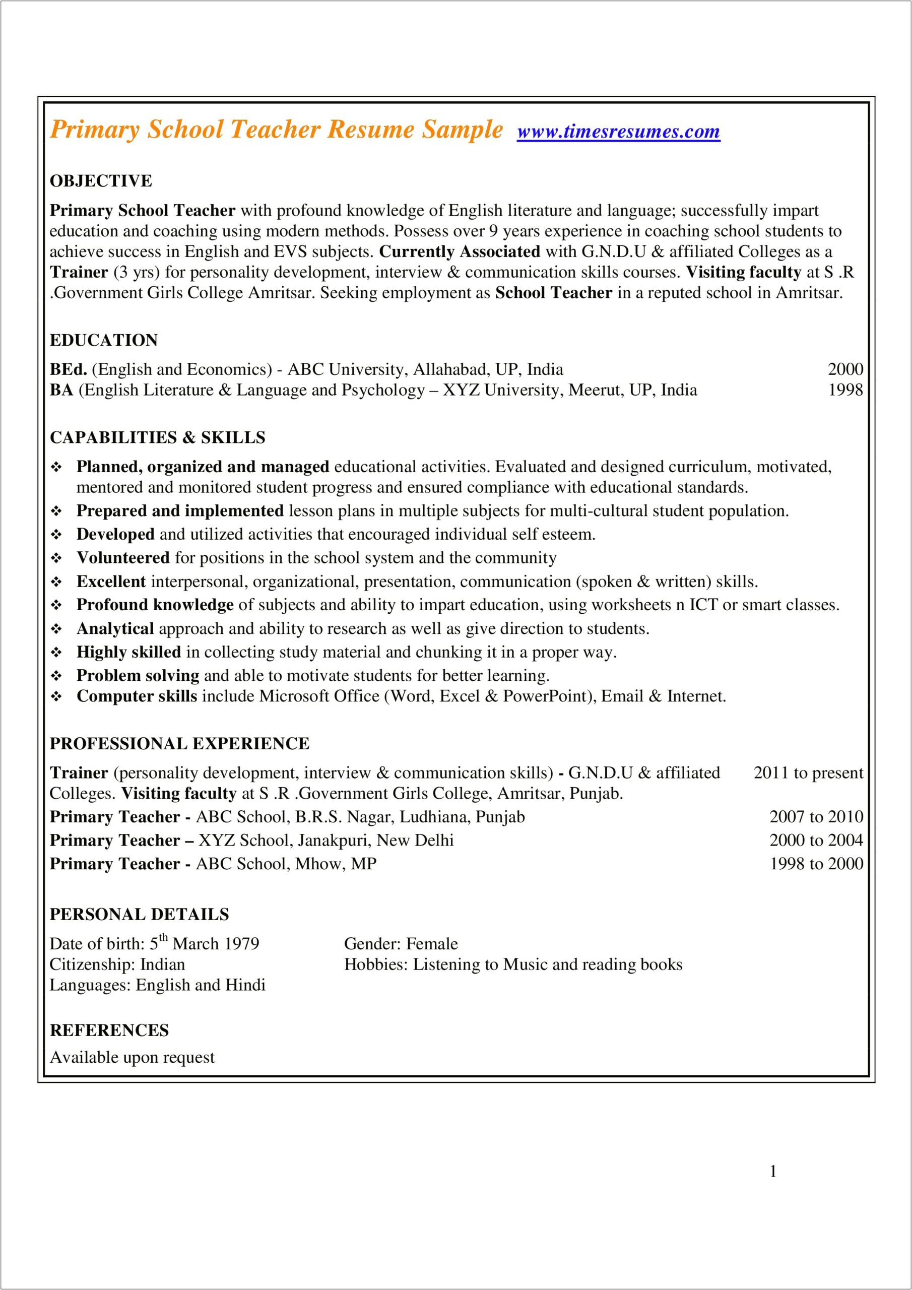 Download Sample Resumes For Teachers