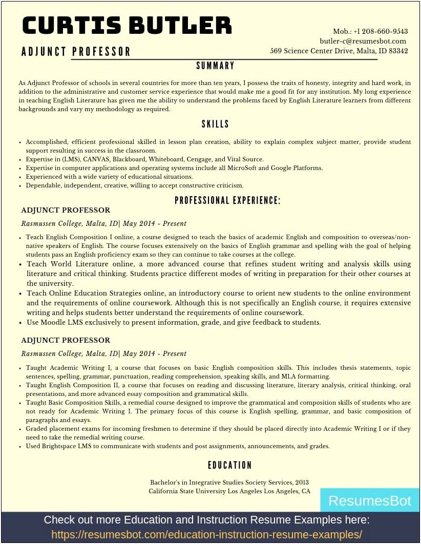 Downloadable Sample Resume Adjunct Professor With No Experience