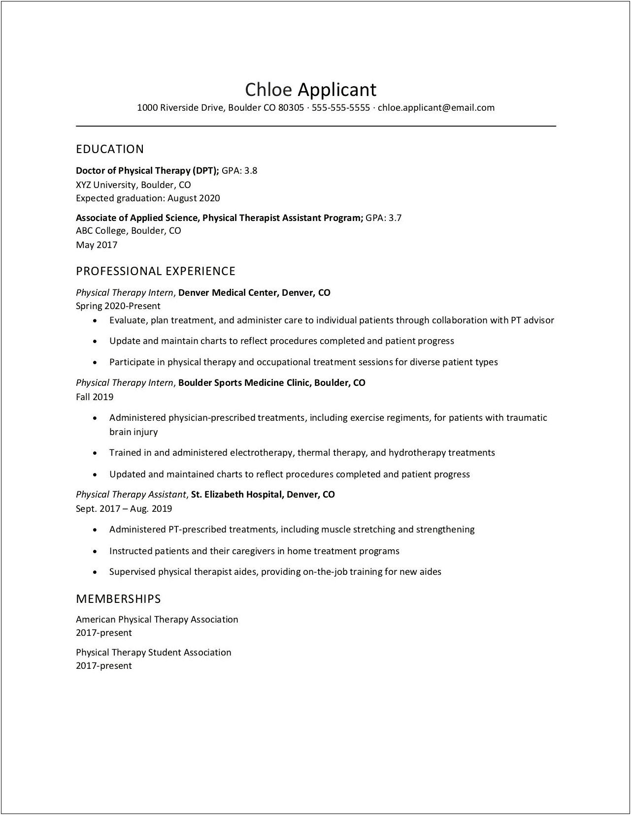 Dr Physical Therapy Resume Examples Recent Grads