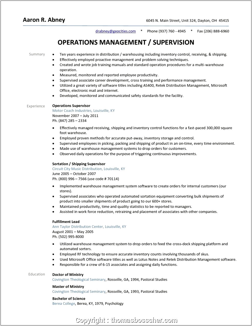 Draft Resume For Warehouse Manager