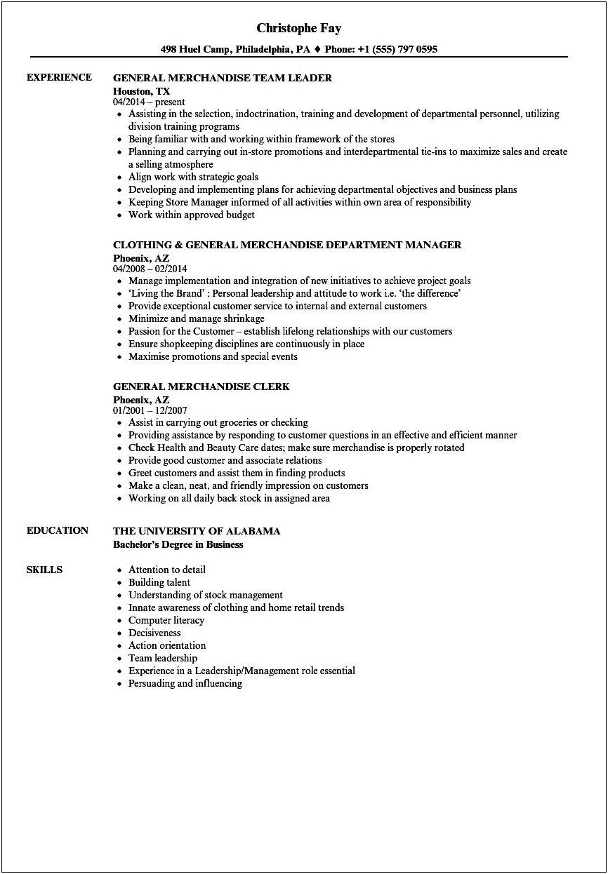 Driveline Retail Merchandising Job Description For Resume
