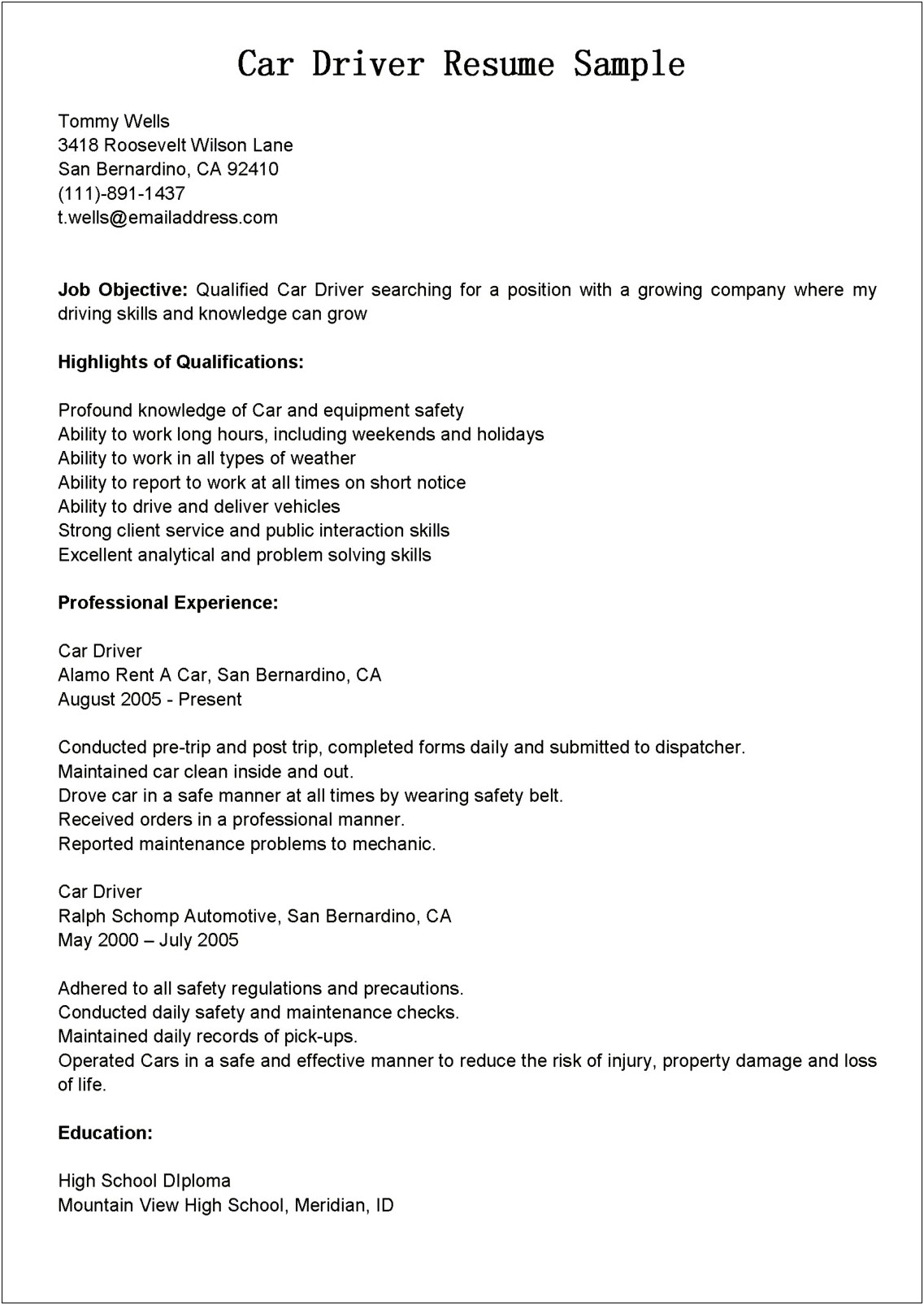 Driving Job Application Resume Demo