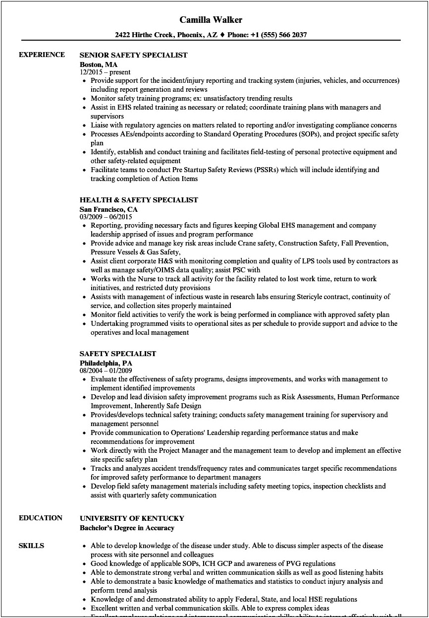 Drug Safety Specialist Sample Resume