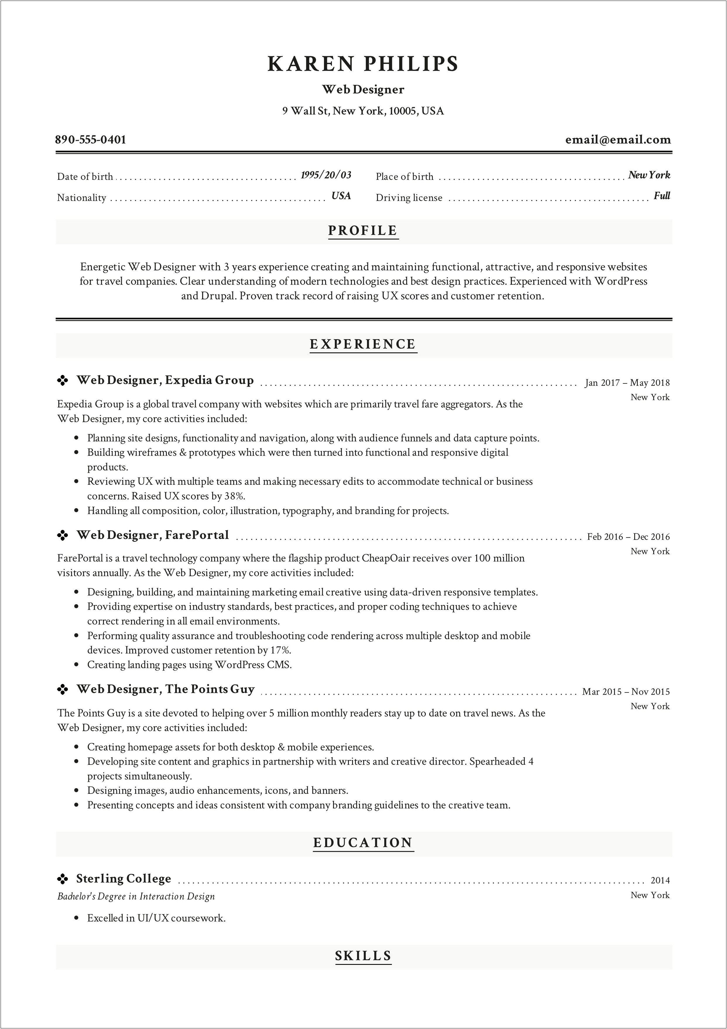 Drupal Web Developer Sample Resume Format