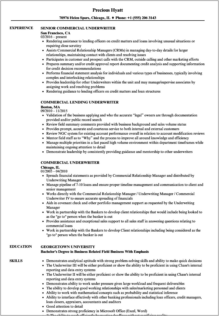 Due Diligence Underwriter Resume Example