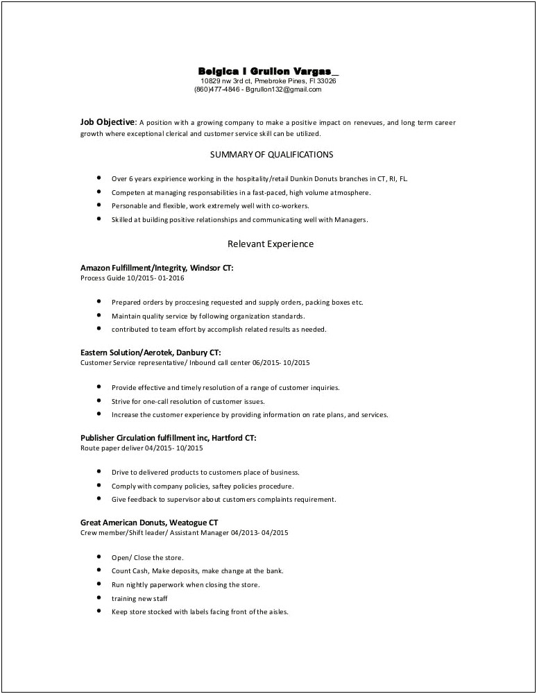 Dunkin Donuts Assistant Manager Resume