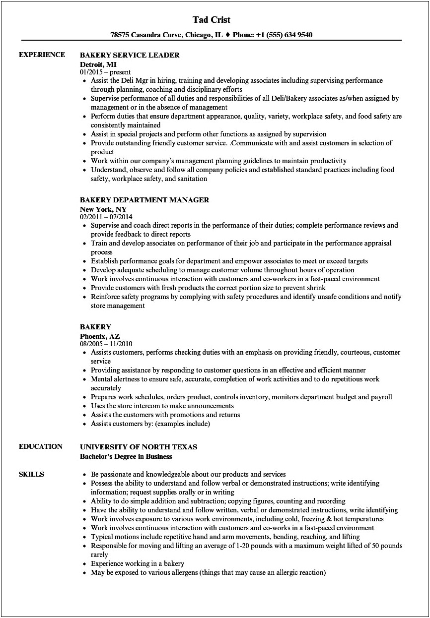 Dunkin Donuts Baker Job Description For Resume