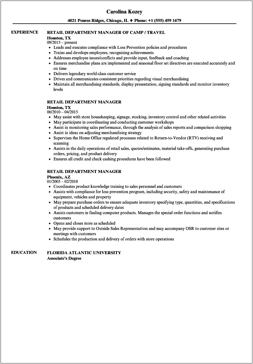 Duties Of A Manager Resume