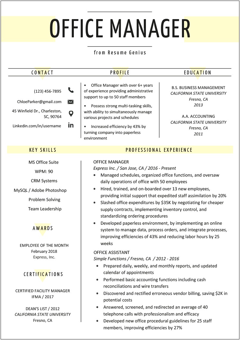 Duties Of A Office Manager Resume