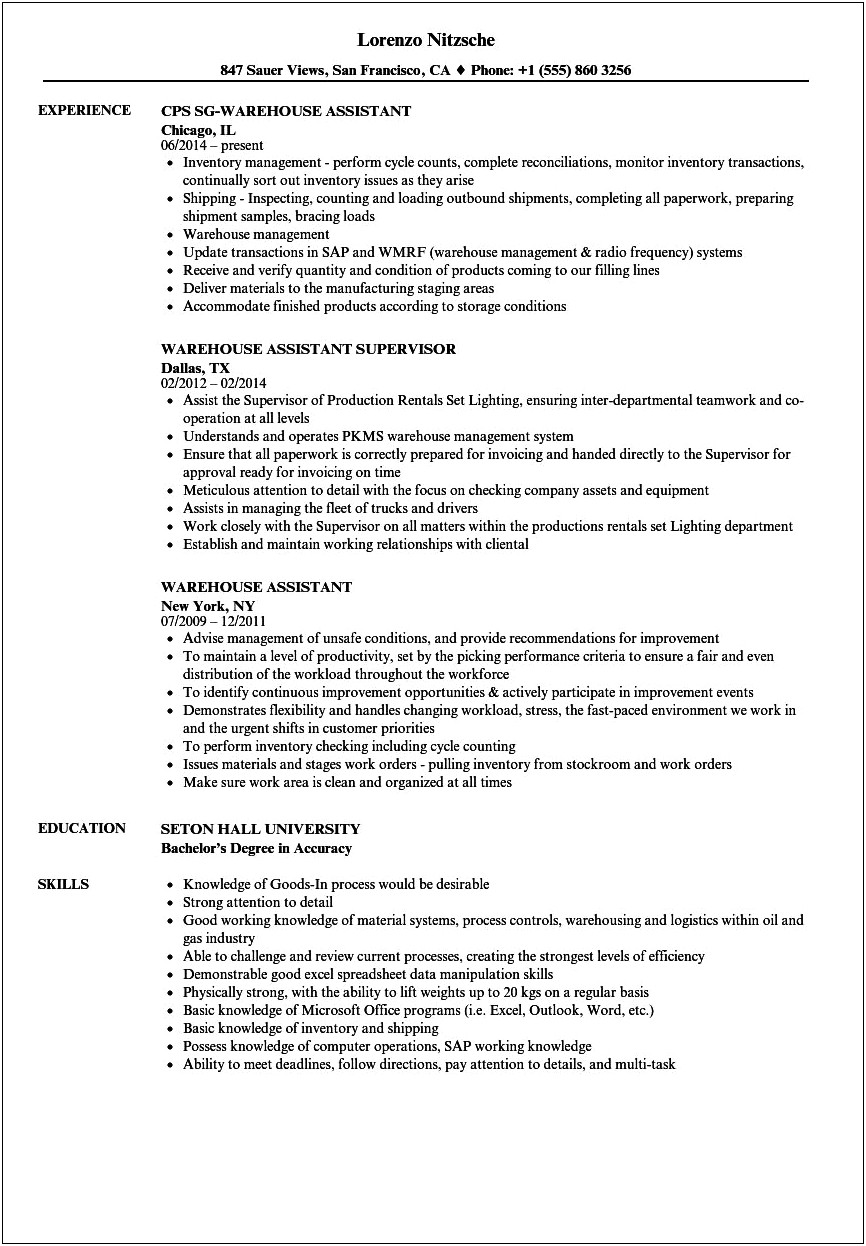 Duties Of A Warehouse Line Worker For Resume