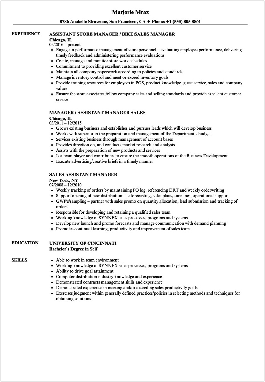 Duties Of Assistant Manager In Retail Resume