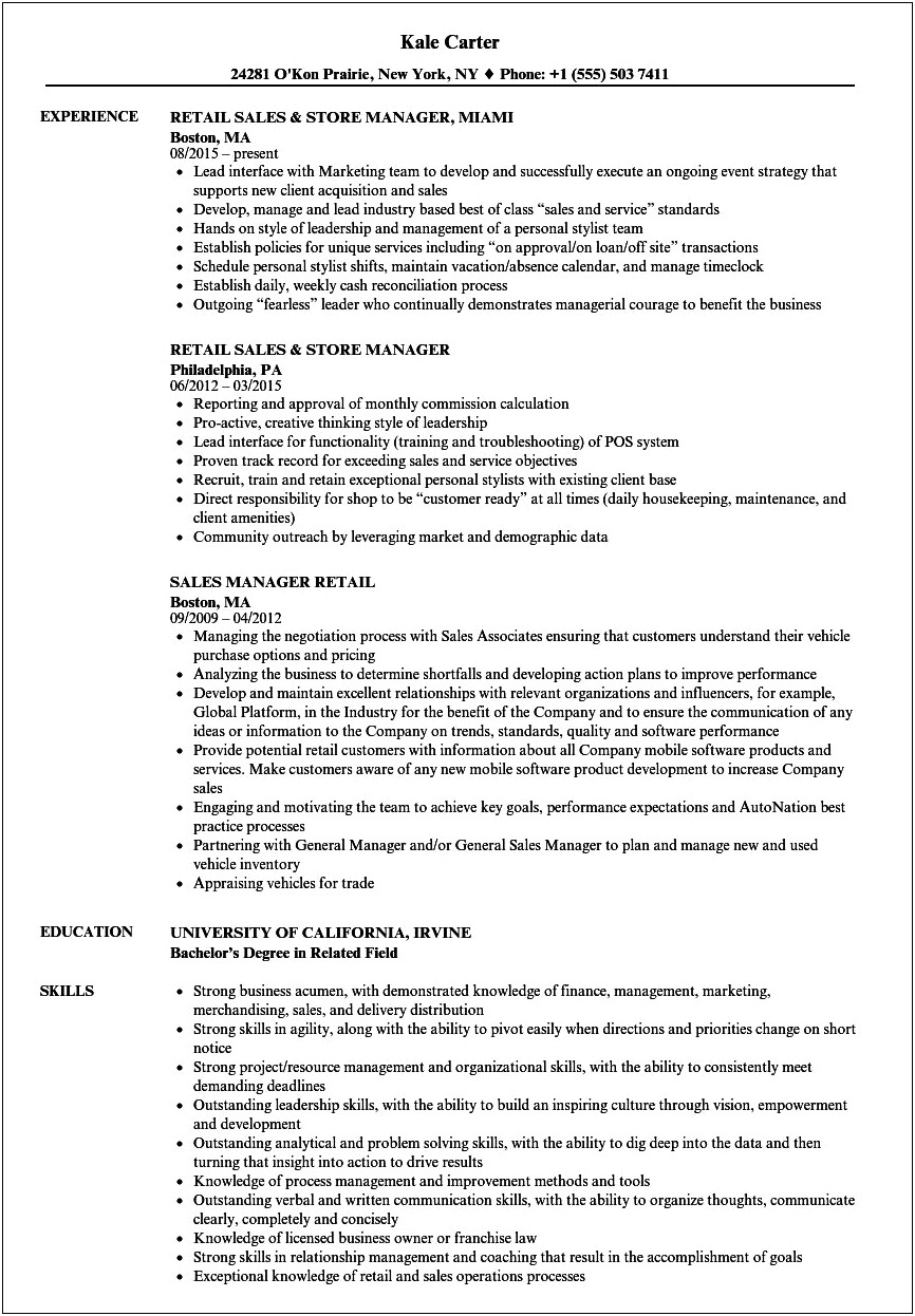 Duties Of Sales Manager Resume