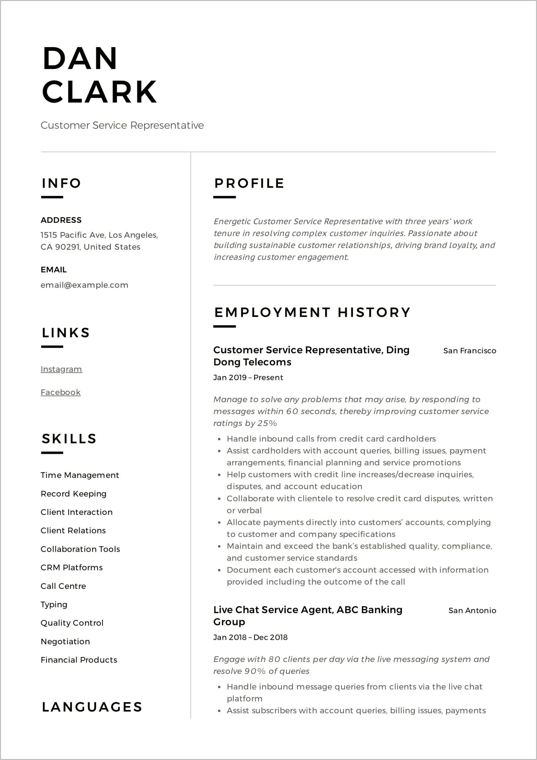 Dynamic Resume Word For Customer Service