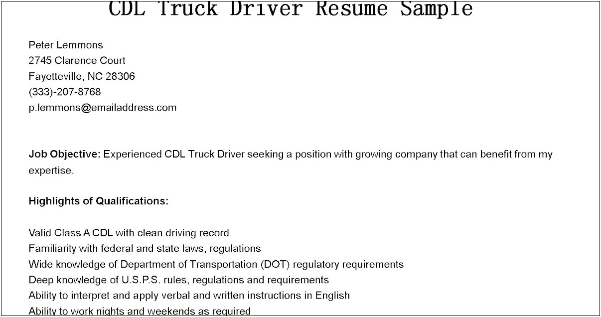 Dz Truck Driver Resume Sample