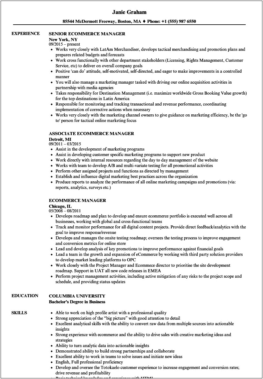 E Commerce Job Responsibilities Resume