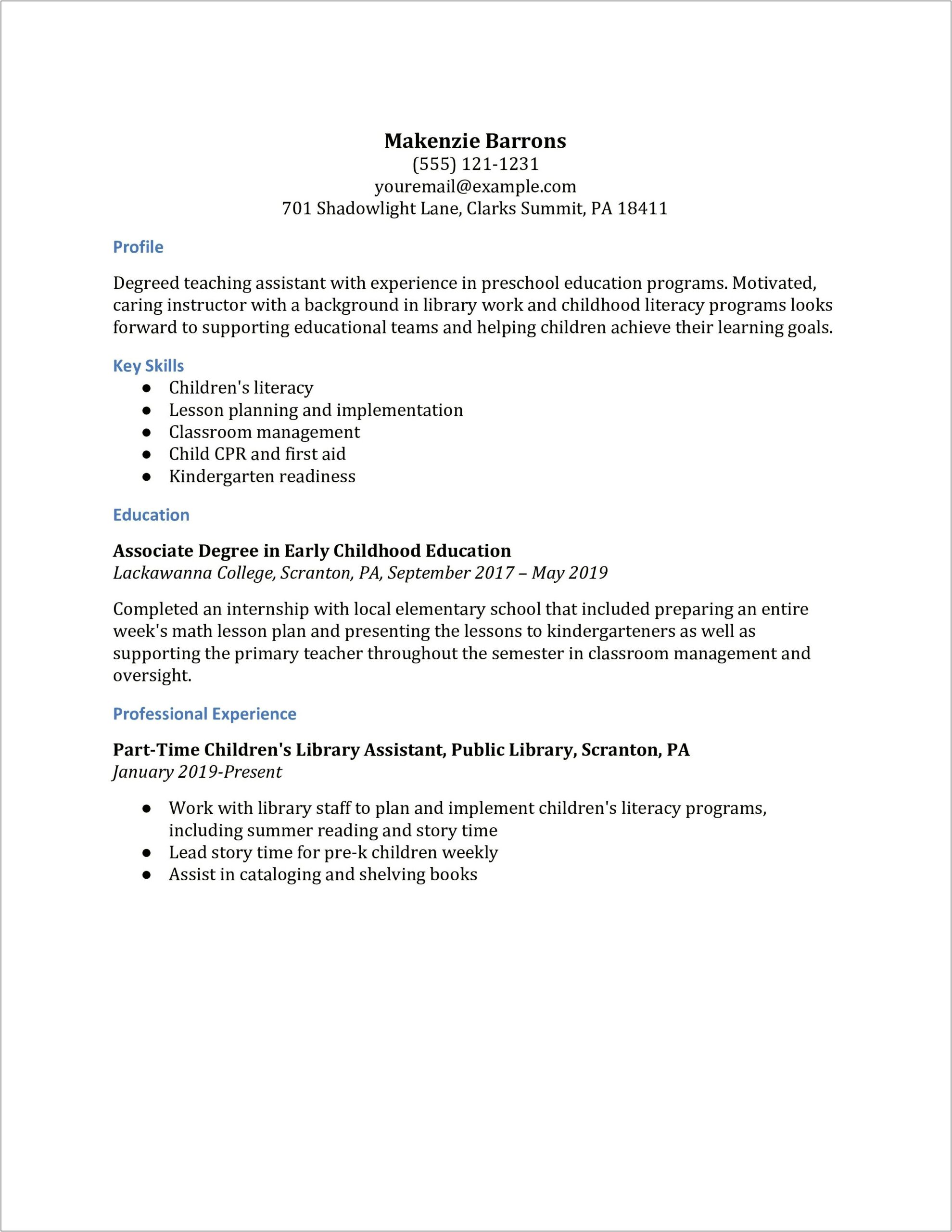 Early Childhood Assistant Resume Sample