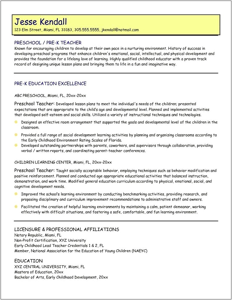 Early Childhood Education Resume Objective Samples
