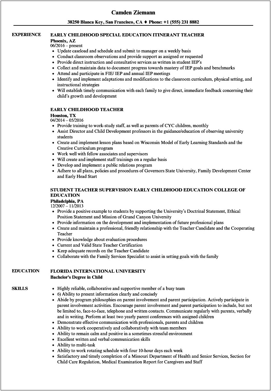 Early Childhood Education Some Experience Resume