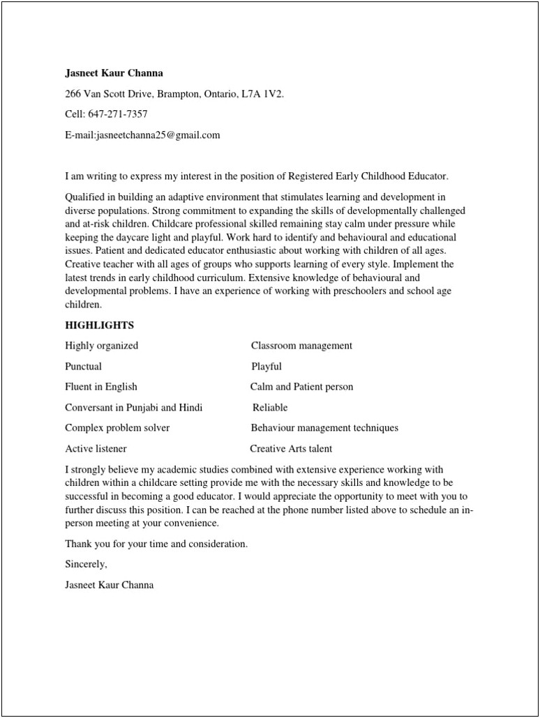 Early Childhood Educator Resume And Cover Letter