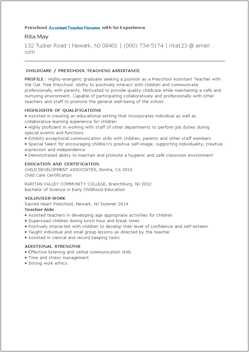 Early Childhood Resume With No Experience
