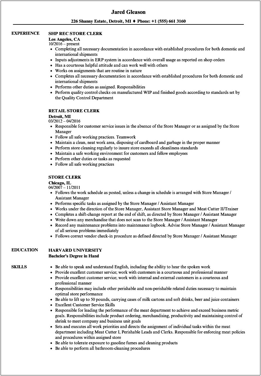 Eastern Sales Store Checker Job Description For Resume