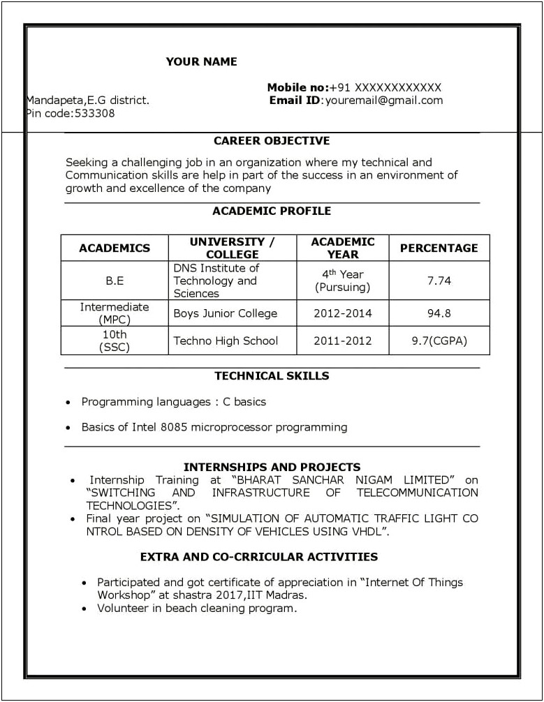 Ece Fresher Resume Free Download