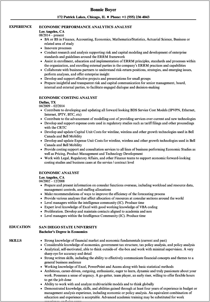 Economics Major Resume Summary Of Qualifications