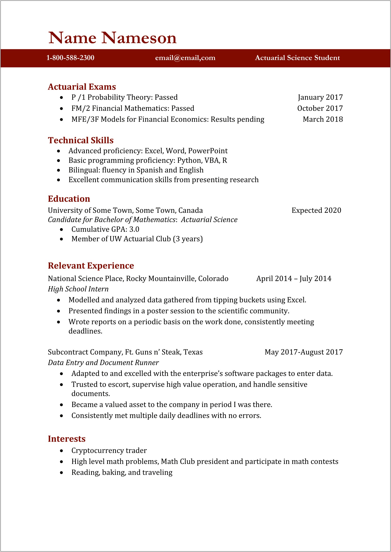 Economics Working In Actuary With No Experience Resume