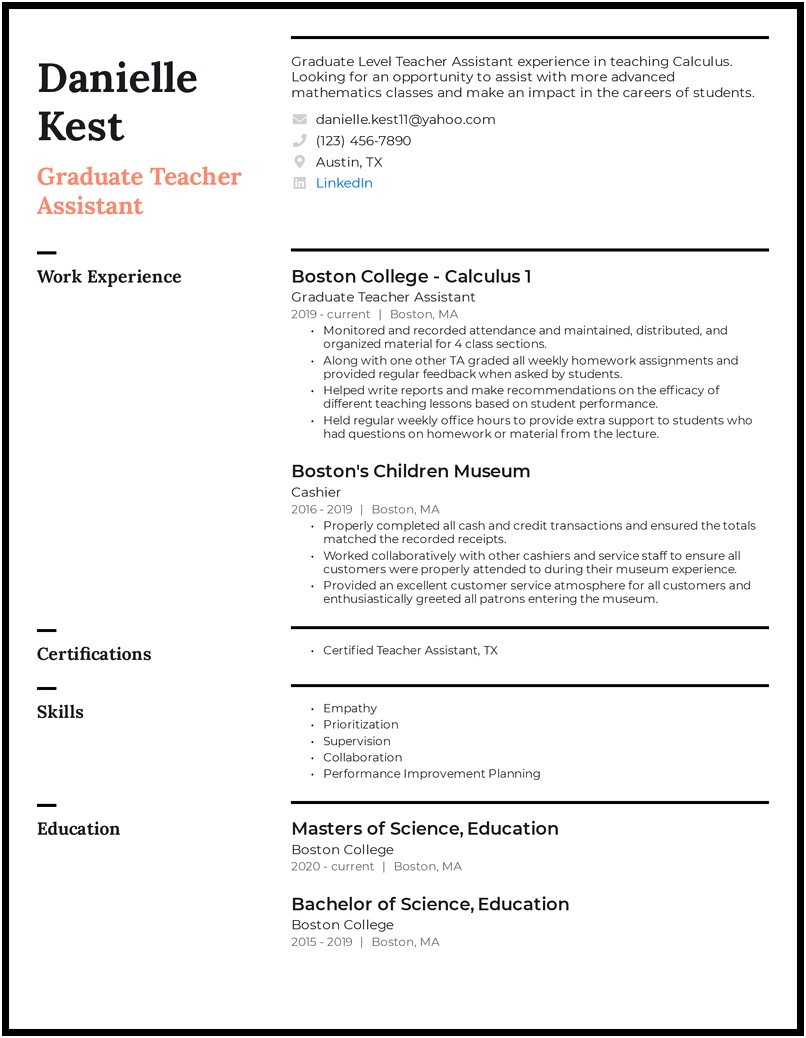 Education Assistant Resume Samples Canada