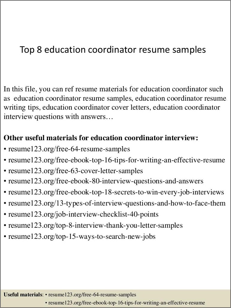 Education Coordinator Job Description Resume