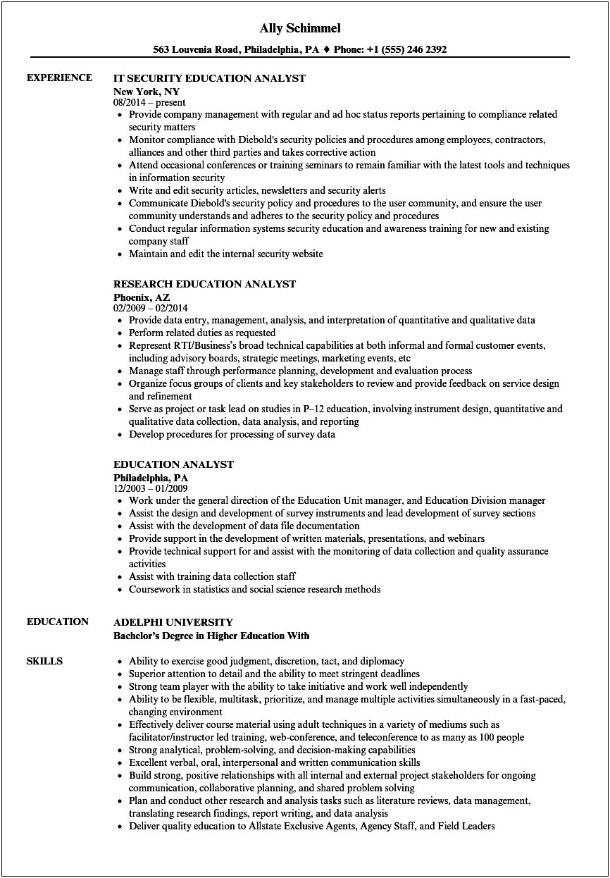 Education Policy Resume Career Summary Examples