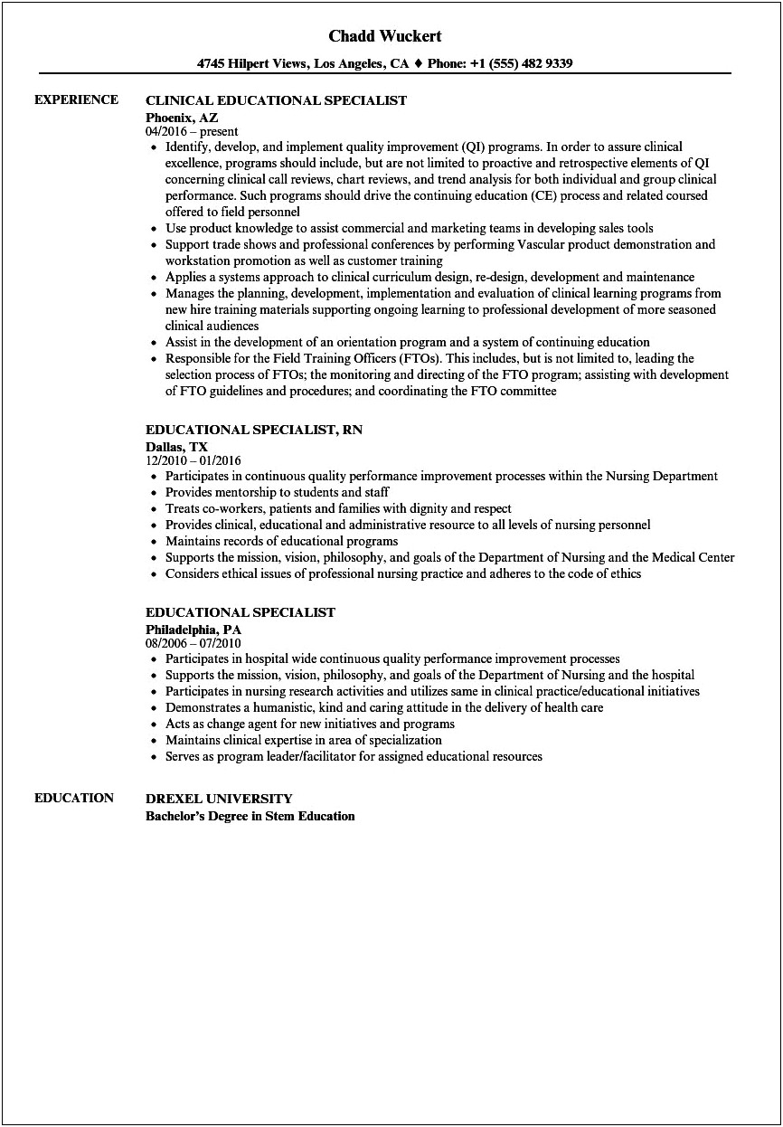 Education Specialist Job Description For Resume