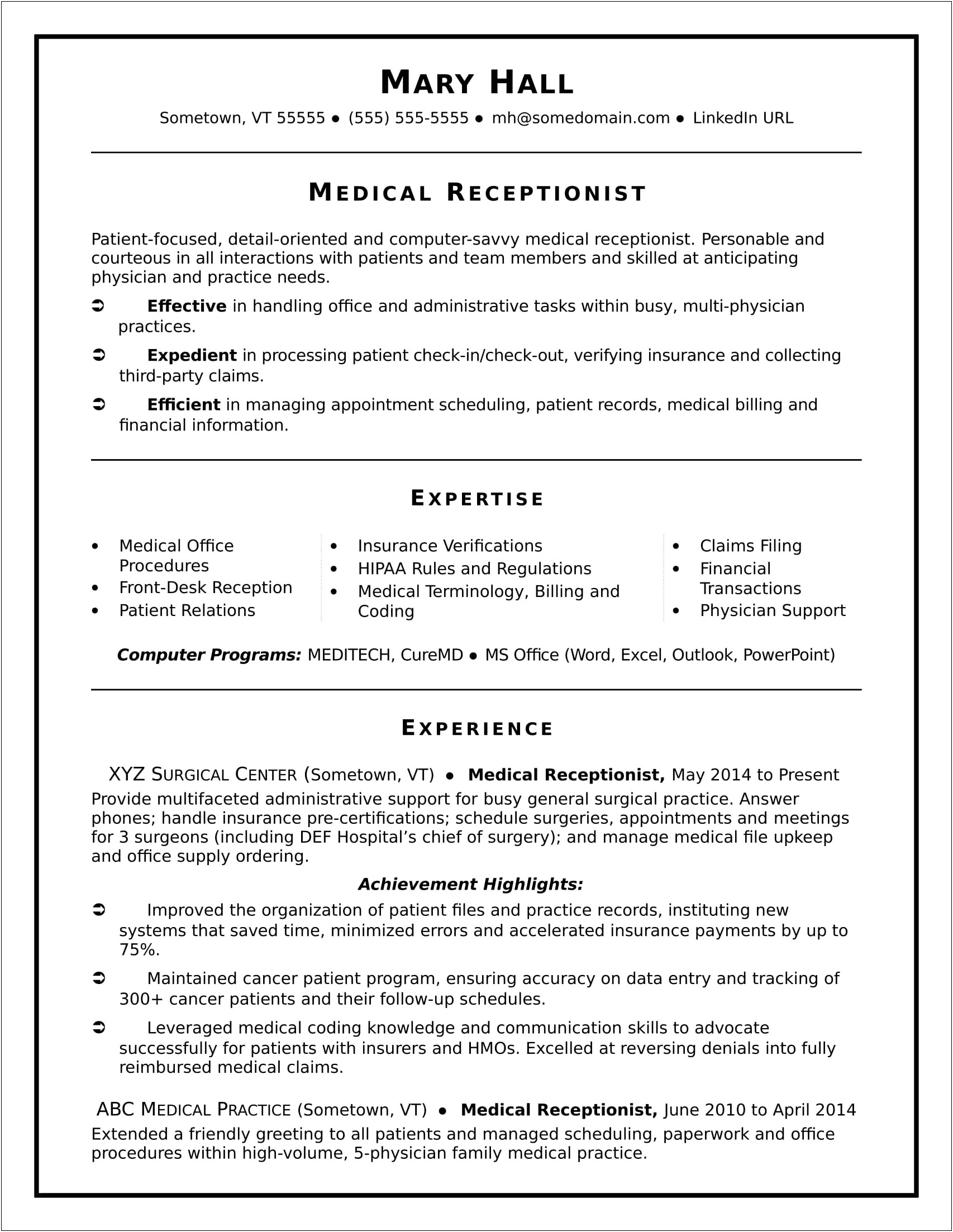 Effective Resume Summary For Healthcare Office Professional