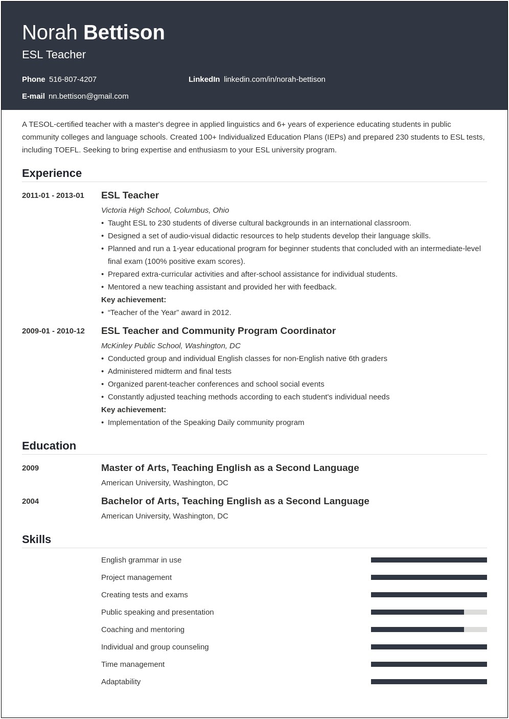Efl Teacher Job Keyword Resume
