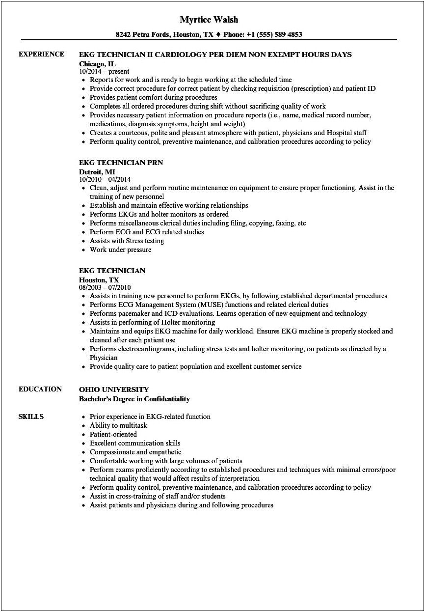 Ekg Technician Job Description Resume