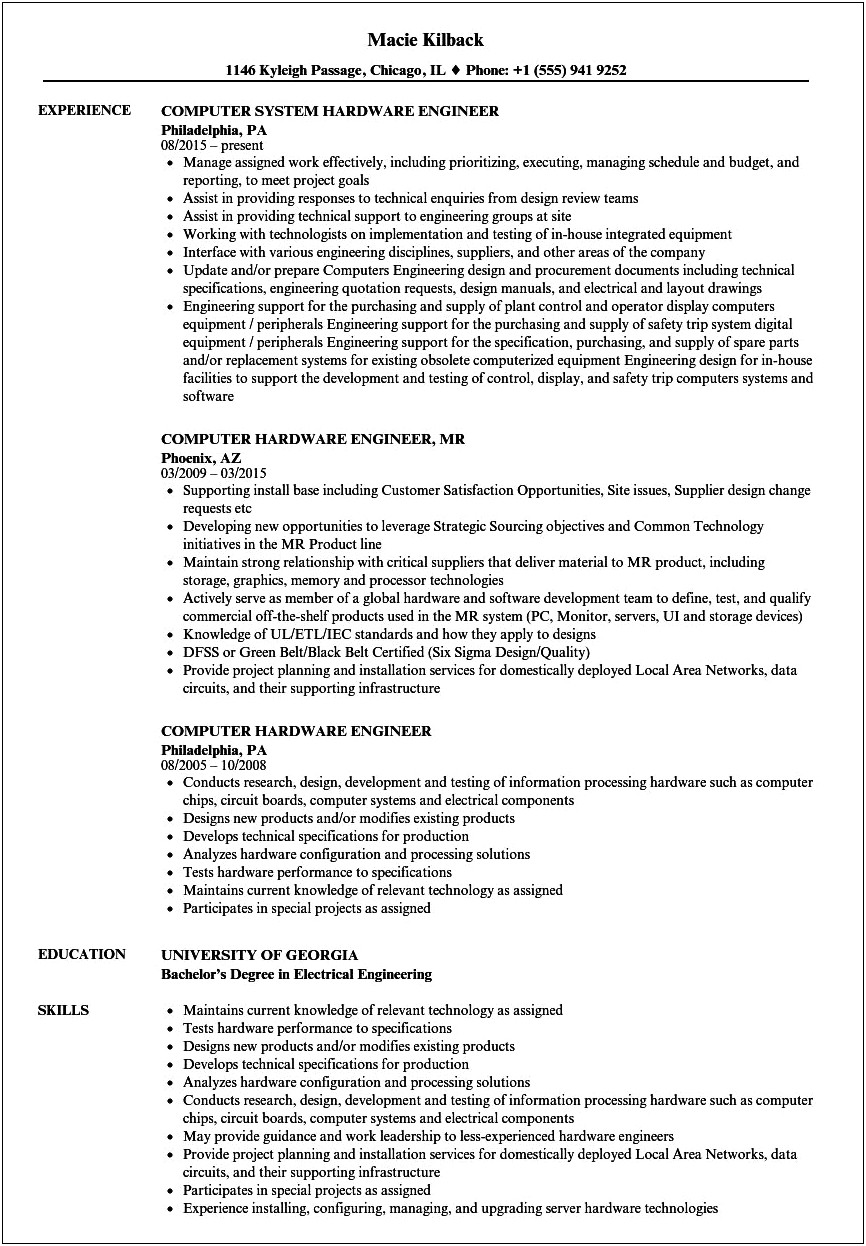Electrical And Computer Engineering Sample Resume