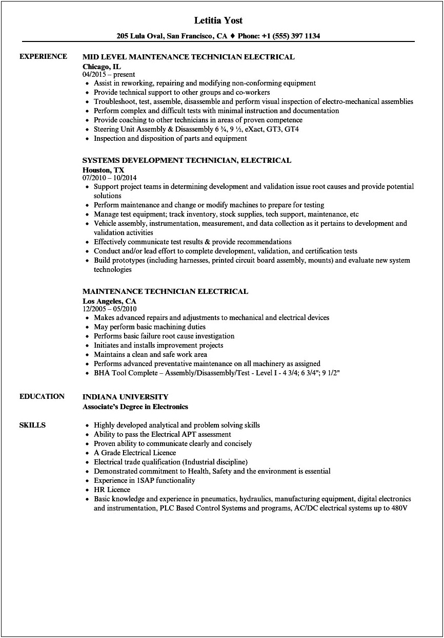 Electrical And Instrumentation Resume Sample