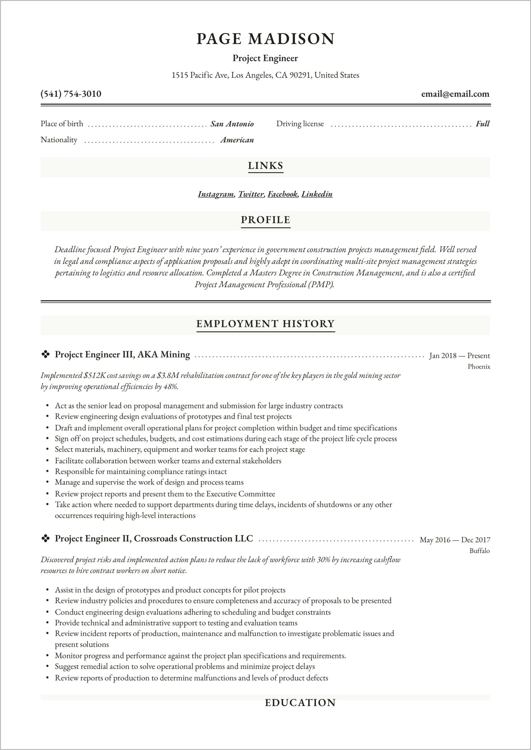 Electrical Commissioning Engineer Resume Example