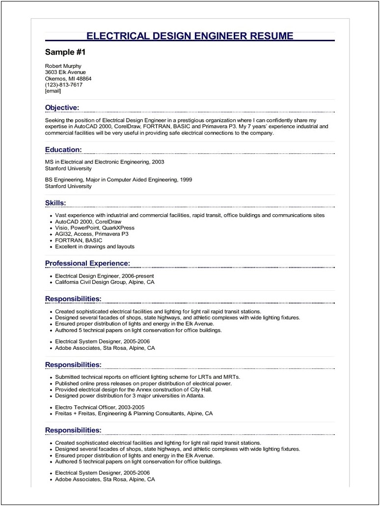 Electrical Design Engineer Resume Doc 1 Year Experience