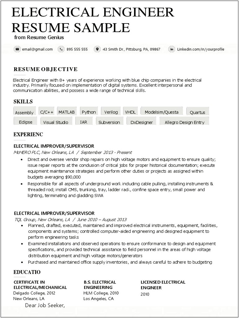 Electrical Engineer Job Description Resume