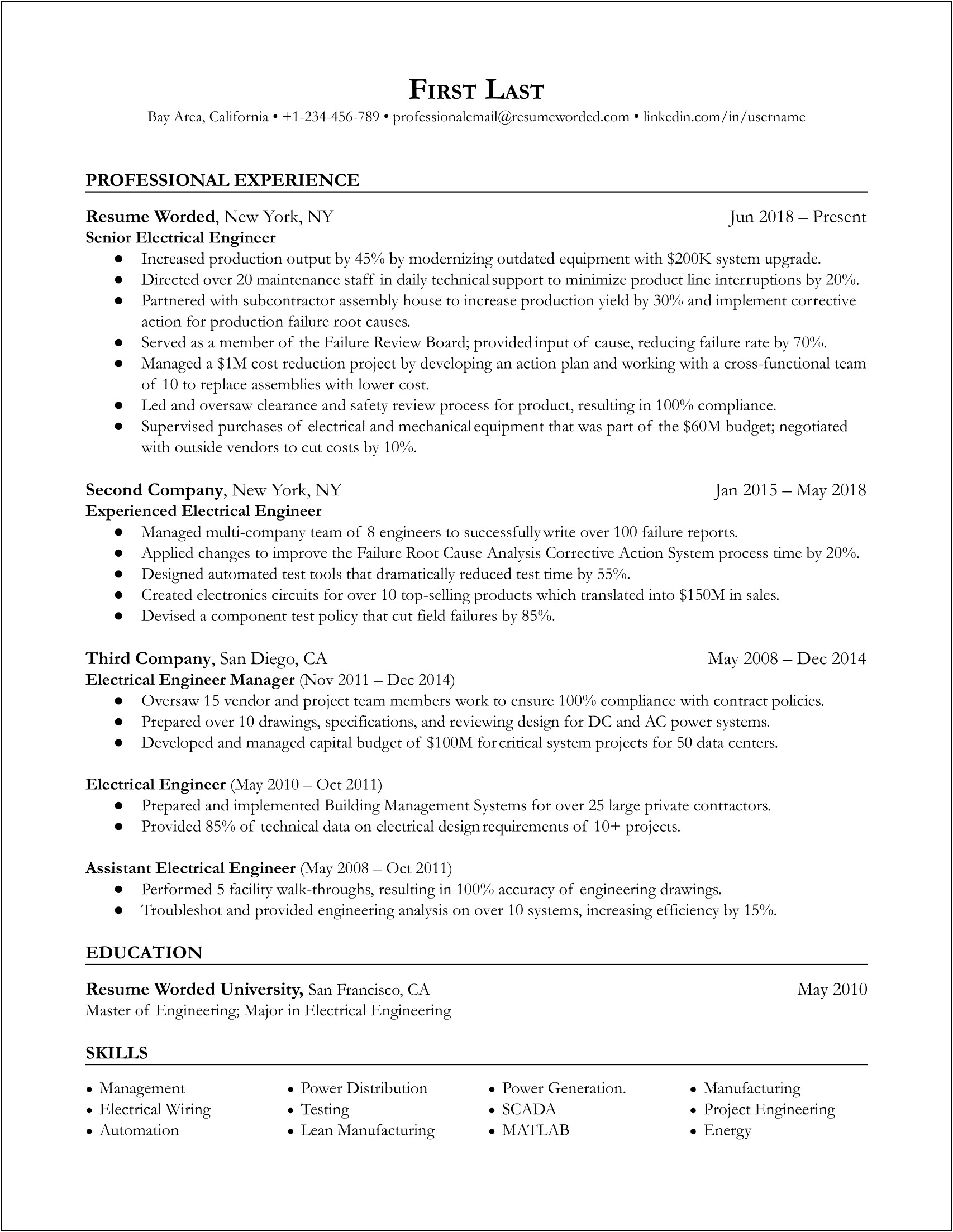 Electrical Engineer Project Manager Resume
